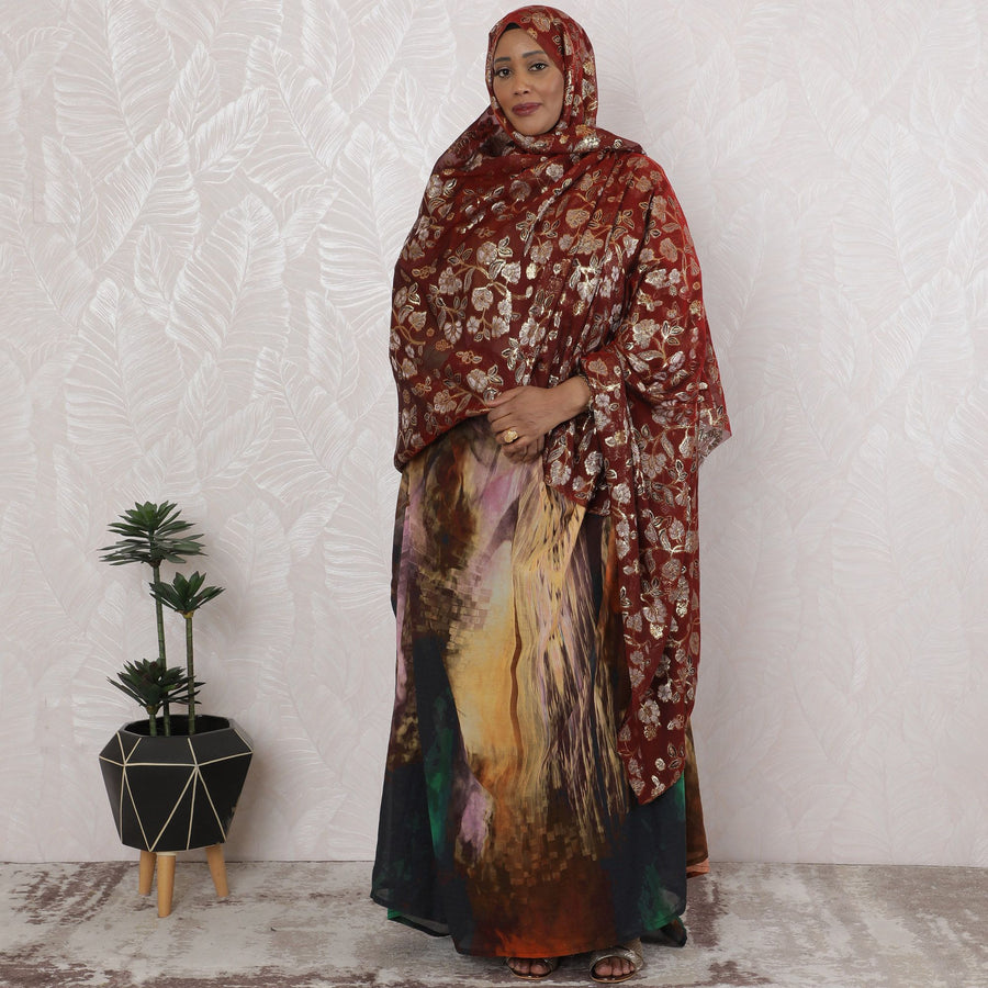 Antique Rose Pure Silk Chiffon Fabric with Golden Floral Embroidery, 110cm Width - Traditional Garbasaar, Piece of 2.0 Mtrs-D18631