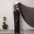Elegant Navy Blue Silk Chiffon Saree with Red Floral Embroidery & Stone Work - 5.5 mtrs-D18795 - Regal Fabrics