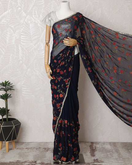 Elegant Navy Blue Silk Chiffon Saree with Red Floral Embroidery & Stone Work - 5.5 mtrs-D18795 - Regal Fabrics
