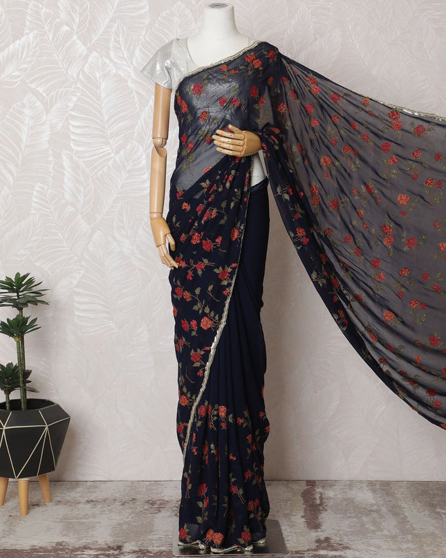 Elegant Navy Blue Silk Chiffon Saree with Red Floral Embroidery & Stone Work - 5.5 mtrs-D18795