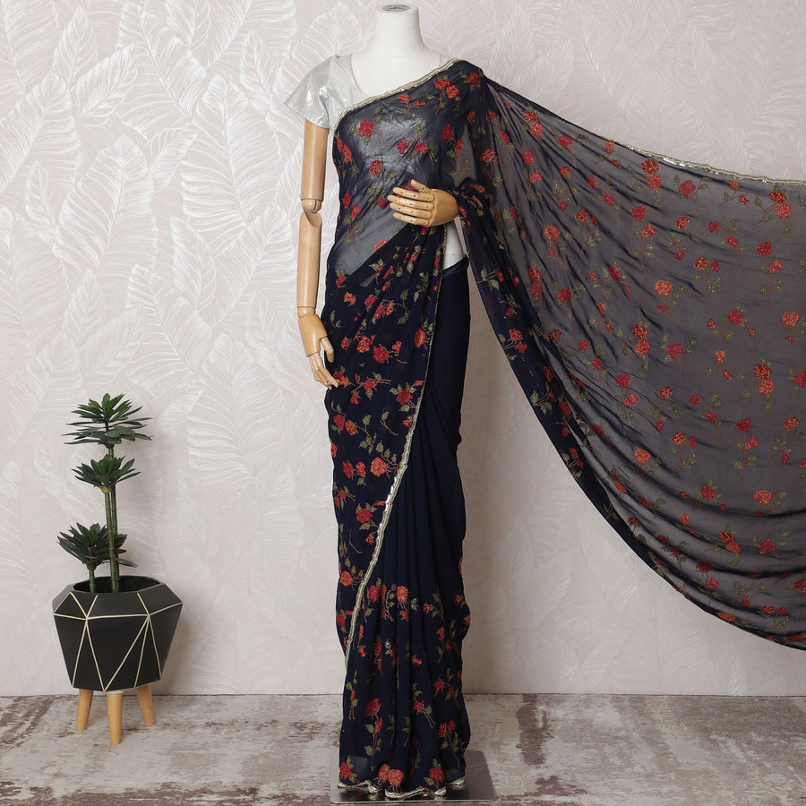 Elegant Navy Blue Silk Chiffon Saree with Red Floral Embroidery & Stone Work - 5.5 mtrs-D18795 - Regal Fabrics