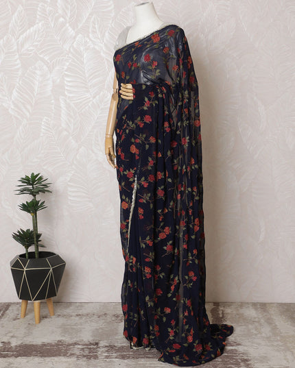 Elegant Navy Blue Silk Chiffon Saree with Red Floral Embroidery & Stone Work - 5.5 mtrs-D18795 - Regal Fabrics