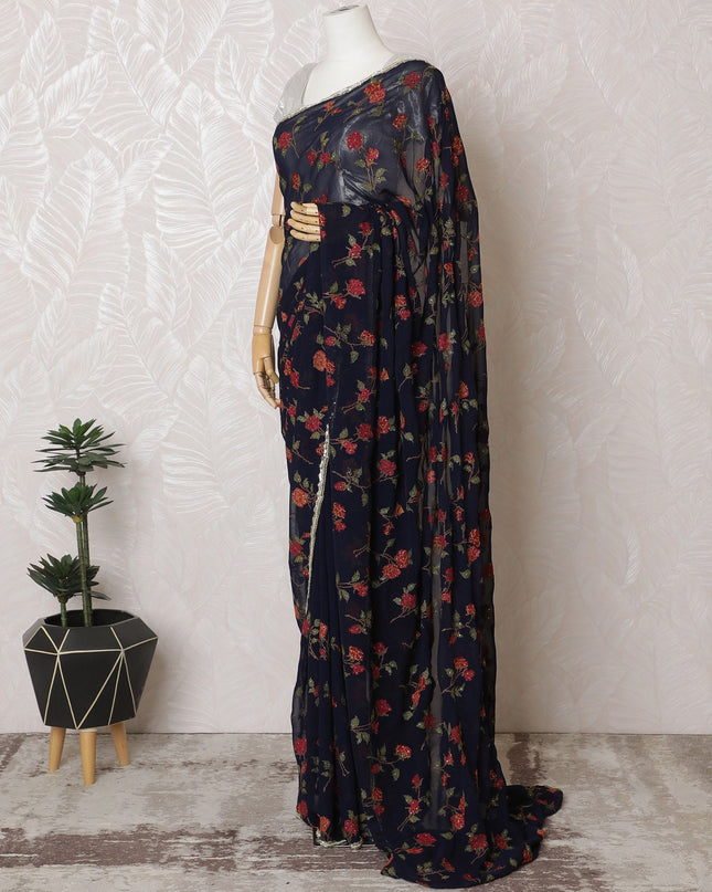Elegant Navy Blue Silk Chiffon Saree with Red Floral Embroidery & Stone Work - 5.5 mtrs-D18795
