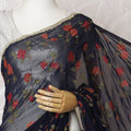 Elegant Navy Blue Silk Chiffon Saree with Red Floral Embroidery & Stone Work - 5.5 mtrs-D18795 - Regal Fabrics