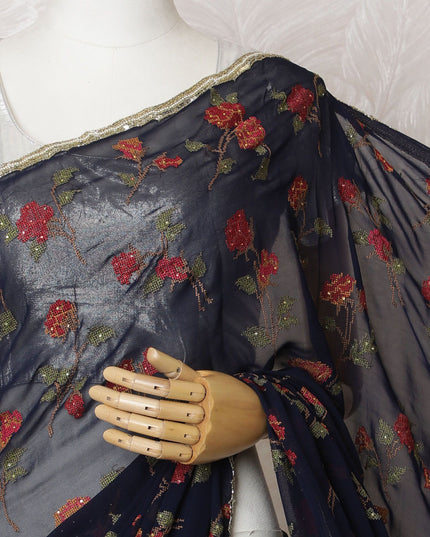 Elegant Navy Blue Silk Chiffon Saree with Red Floral Embroidery & Stone Work - 5.5 mtrs-D18795 - Regal Fabrics