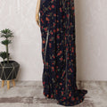 Elegant Navy Blue Silk Chiffon Saree with Red Floral Embroidery & Stone Work - 5.5 mtrs-D18795 - Regal Fabrics