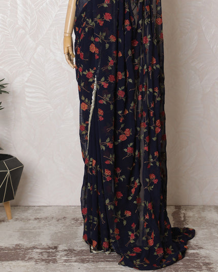 Elegant Navy Blue Silk Chiffon Saree with Red Floral Embroidery & Stone Work - 5.5 mtrs-D18795 - Regal Fabrics