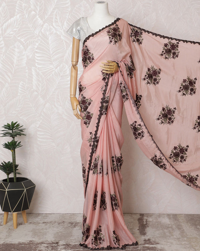 Soft Blush Pink Silk Crepe Saree with Contrasting Purple Embroidery & Bead Work - 5.5 mtrs-D18796