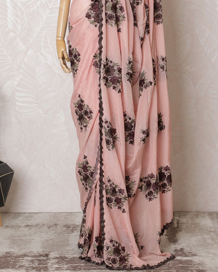 Soft Blush Pink Silk Crepe Saree with Contrasting Purple Embroidery & Bead Work - 5.5 mtrs-D18796