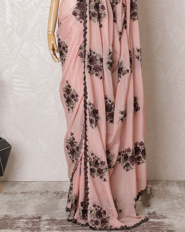 Soft Blush Pink Silk Crepe Saree with Contrasting Purple Embroidery & Bead Work - 5.5 mtrs-D18796