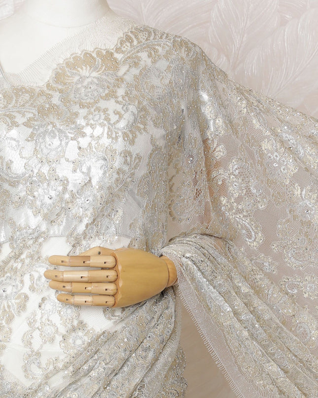 Silver, Gold Elegance French Chantilly Lace Saree with Dazzling Stone Embellishments - 5.5 mtrs-D18798