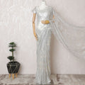 Silver Sequined Chantilly Lace Saree - French Metallic Design 110cm Width- 5.5 mtrs-D18799 - Regal Fabrics