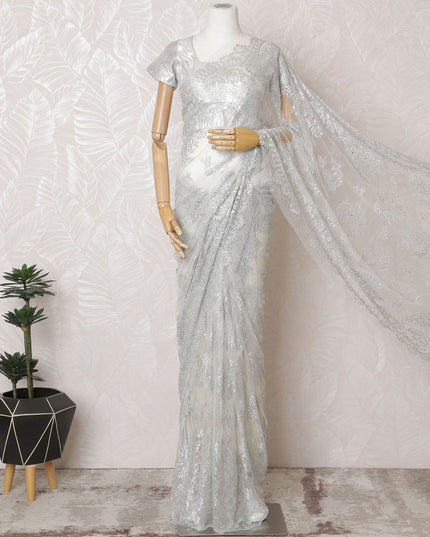 Silver Sequined Chantilly Lace Saree - French Metallic Design 110cm Width- 5.5 mtrs-D18799 - Regal Fabrics