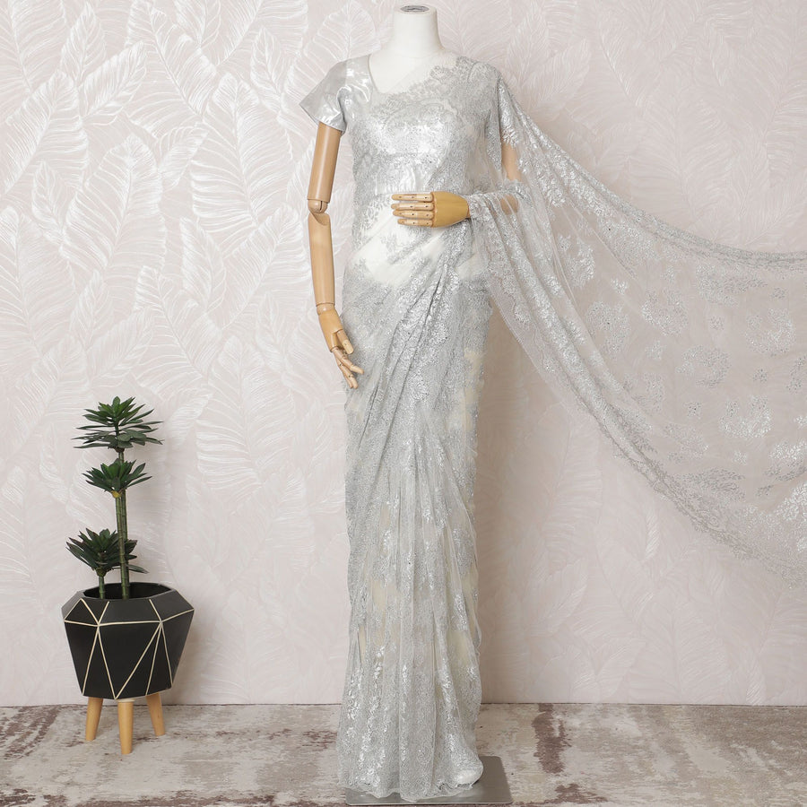 Silver Sequined Chantilly Lace Saree - French Metallic Design 110cm Width- 5.5 mtrs-D18799 - Regal Fabrics