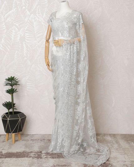 Silver Sequined Chantilly Lace Saree - French Metallic Design 110cm Width- 5.5 mtrs-D18799 - Regal Fabrics