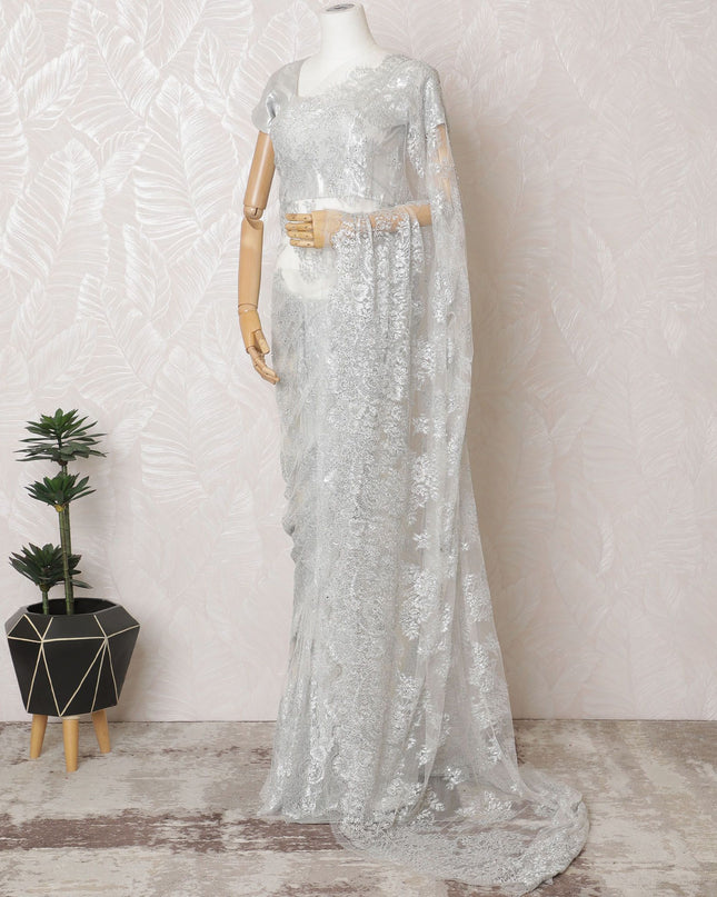 Silver Sequined Chantilly Lace Saree - French Metallic Design 110cm Width- 5.5 mtrs-D18799