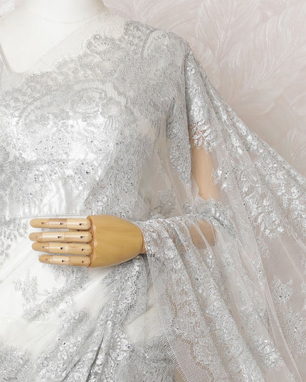 Silver Sequined Chantilly Lace Saree - French Metallic Design 110cm Width- 5.5 mtrs-D18799 - Regal Fabrics