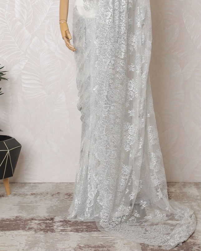 Silver Sequined Chantilly Lace Saree - French Metallic Design 110cm Width- 5.5 mtrs-D18799