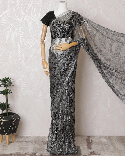 Black and Silver Chantilly Lace Saree - French Metallic Pattern 110cm Width-5.5 mtrs-D18800