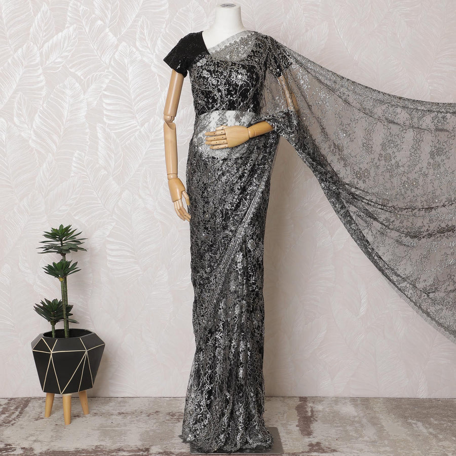 Black and Silver Chantilly Lace Saree - French Metallic Pattern 110cm Width-5.5 mtrs-D18800