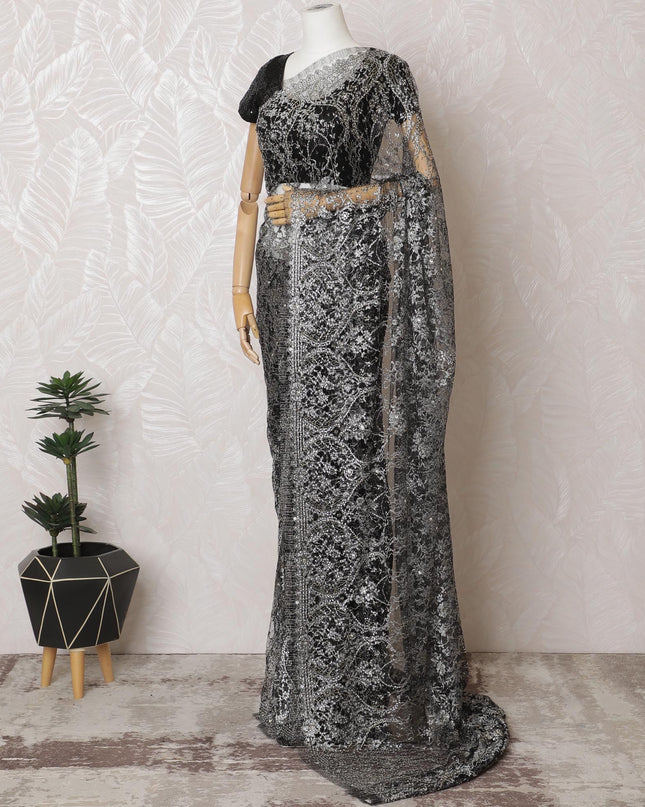 Black and Silver Chantilly Lace Saree - French Metallic Pattern 110cm Width-5.5 mtrs-D18800