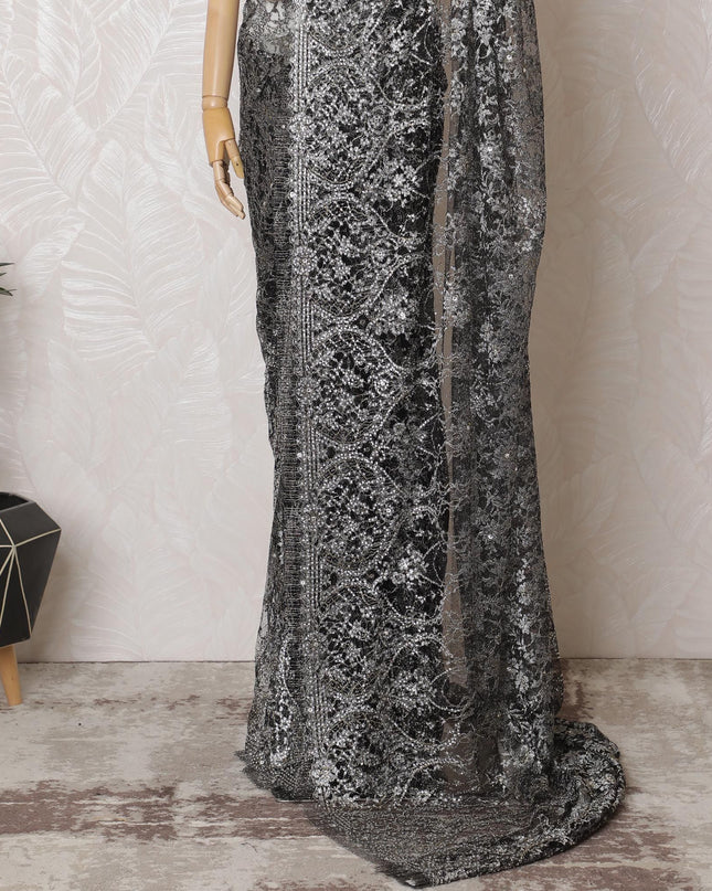 Black and Silver Chantilly Lace Saree - French Metallic Pattern 110cm Width-5.5 mtrs-D18800