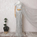 Elegant French Metallic Chantilly Lace Saree in Silver with Stone Work - 110cm Width-5.5 mtrs-D18801 - Regal Fabrics