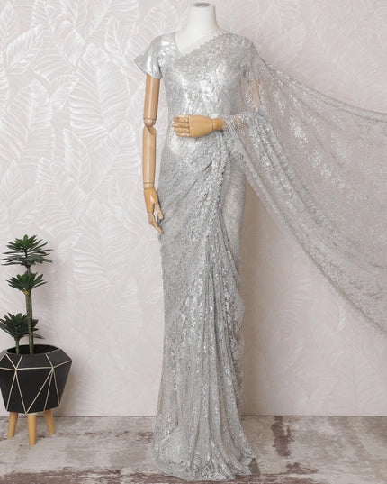Elegant French Metallic Chantilly Lace Saree in Silver with Stone Work - 110cm Width-5.5 mtrs-D18801 - Regal Fabrics