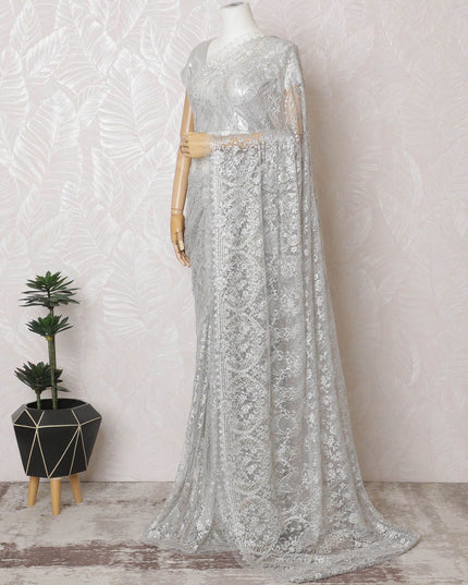 Elegant French Metallic Chantilly Lace Saree in Silver with Stone Work - 110cm Width-5.5 mtrs-D18801 - Regal Fabrics