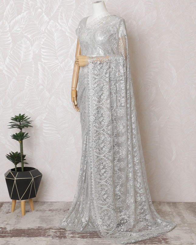Elegant French Metallic Chantilly Lace Saree in Silver with Stone Work - 110cm Width-5.5 mtrs-D18801