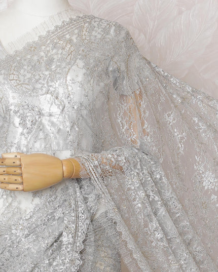 Elegant French Metallic Chantilly Lace Saree in Silver with Stone Work - 110cm Width-5.5 mtrs-D18801 - Regal Fabrics