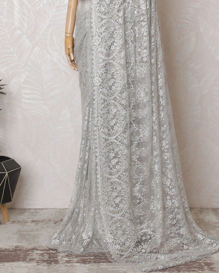 Elegant French Metallic Chantilly Lace Saree in Silver with Stone Work - 110cm Width-5.5 mtrs-D18801 - Regal Fabrics