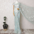 French Metallic Chantilly Lace Saree with Stone Work - Ice Blue, 110cm Width, 5.5M Length-D18802