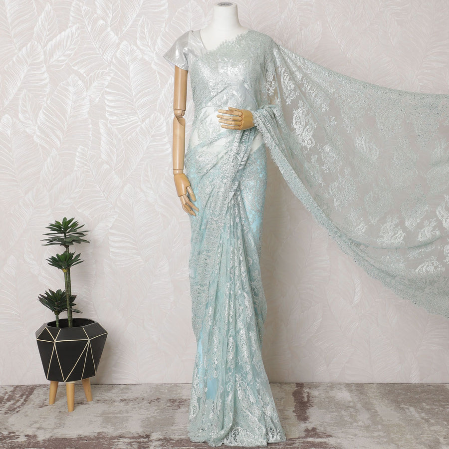 French Metallic Chantilly Lace Saree with Stone Work - Ice Blue, 110cm Width, 5.5M Length-D18802