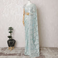 French Metallic Chantilly Lace Saree with Stone Work - Ice Blue, 110cm Width, 5.5M Length-D18802