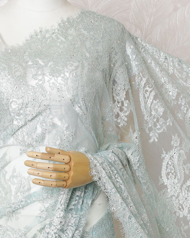 French Metallic Chantilly Lace Saree with Stone Work - Ice Blue, 110cm Width, 5.5M Length-D18802