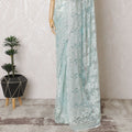 French Metallic Chantilly Lace Saree with Stone Work - Ice Blue, 110cm Width, 5.5M Length-D18802