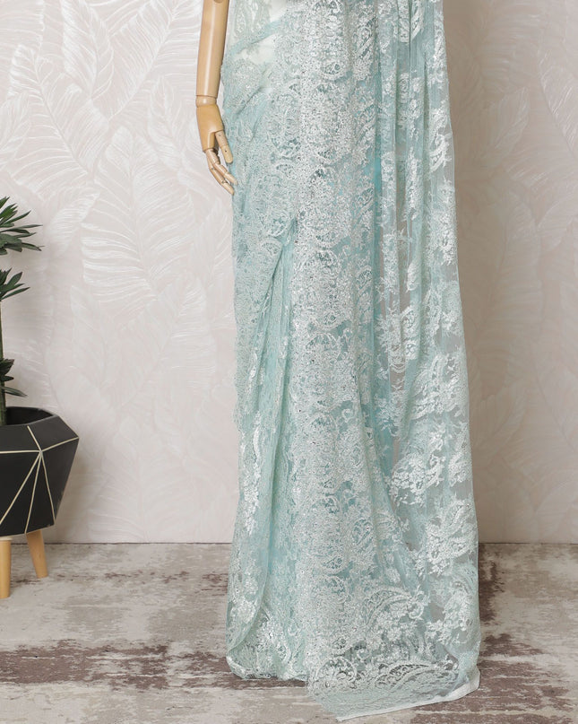 French Metallic Chantilly Lace Saree with Stone Work - Ice Blue, 110cm Width, 5.5M Length-D18802