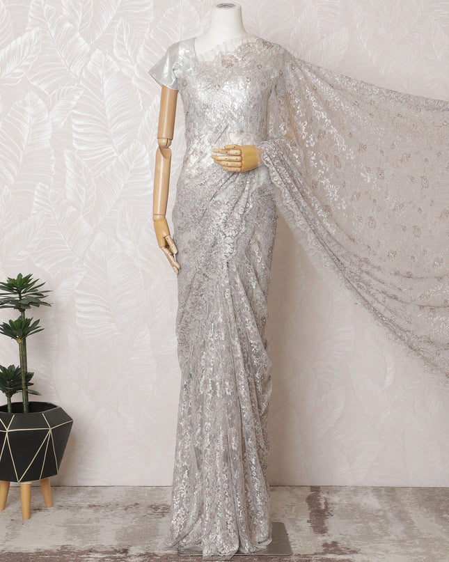 Luxurious French Metallic Chantilly Lace Saree in Silver - 110cm Width, 5.5M Length-D18803