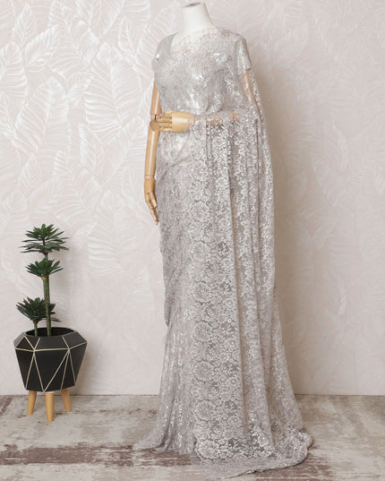 Luxurious French Metallic Chantilly Lace Saree in Silver - 110cm Width, 5.5M Length-D18803