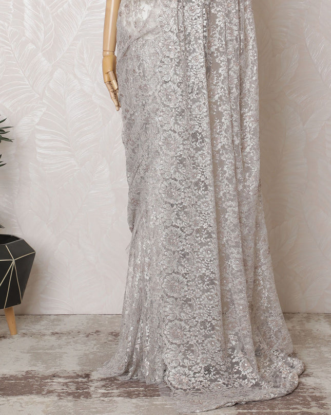 Luxurious French Metallic Chantilly Lace Saree in Silver - 110cm Width, 5.5M Length-D18803