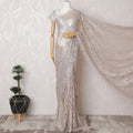 Light pink French Silver metallic Chantilly Lace Saree with Stone Accents - 110cm Width, 5.5M Piece-D18804
