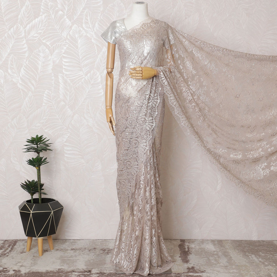 Light pink French Silver metallic Chantilly Lace Saree with Stone Accents - 110cm Width, 5.5M Piece-D18804
