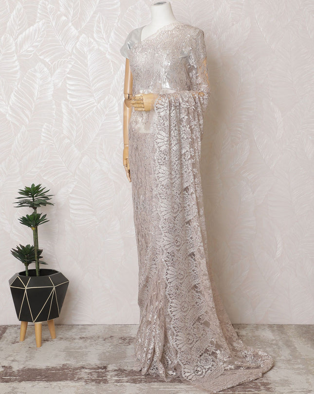 Light pink French Silver metallic Chantilly Lace Saree with Stone Accents - 110cm Width, 5.5M Piece-D18804