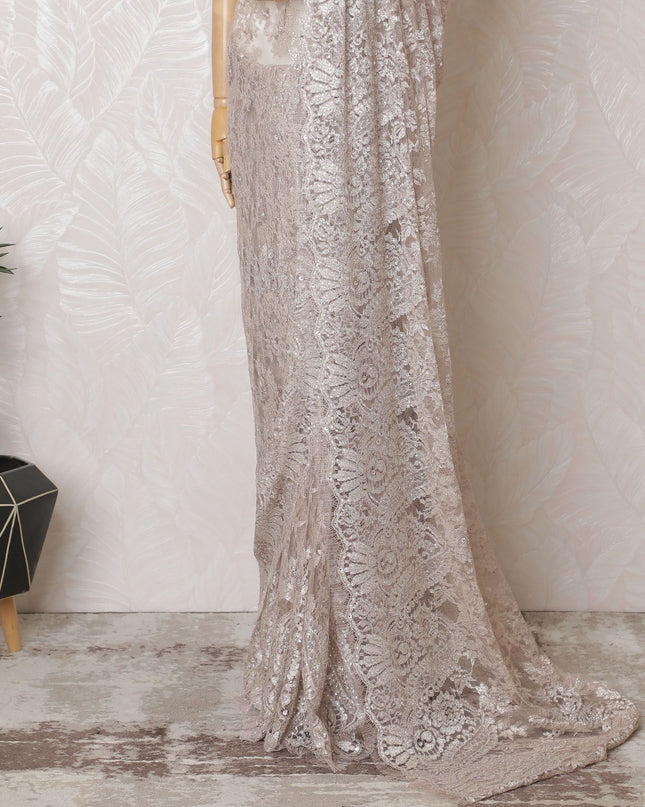 Light pink French Silver metallic Chantilly Lace Saree with Stone Accents - 110cm Width, 5.5M Piece-D18804