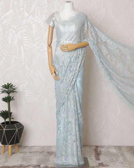 French Sky Blue Metallic Chantilly Lace Saree - Stone Work, 110cm Width, 5.5M Length-D18805 - Regal Fabrics