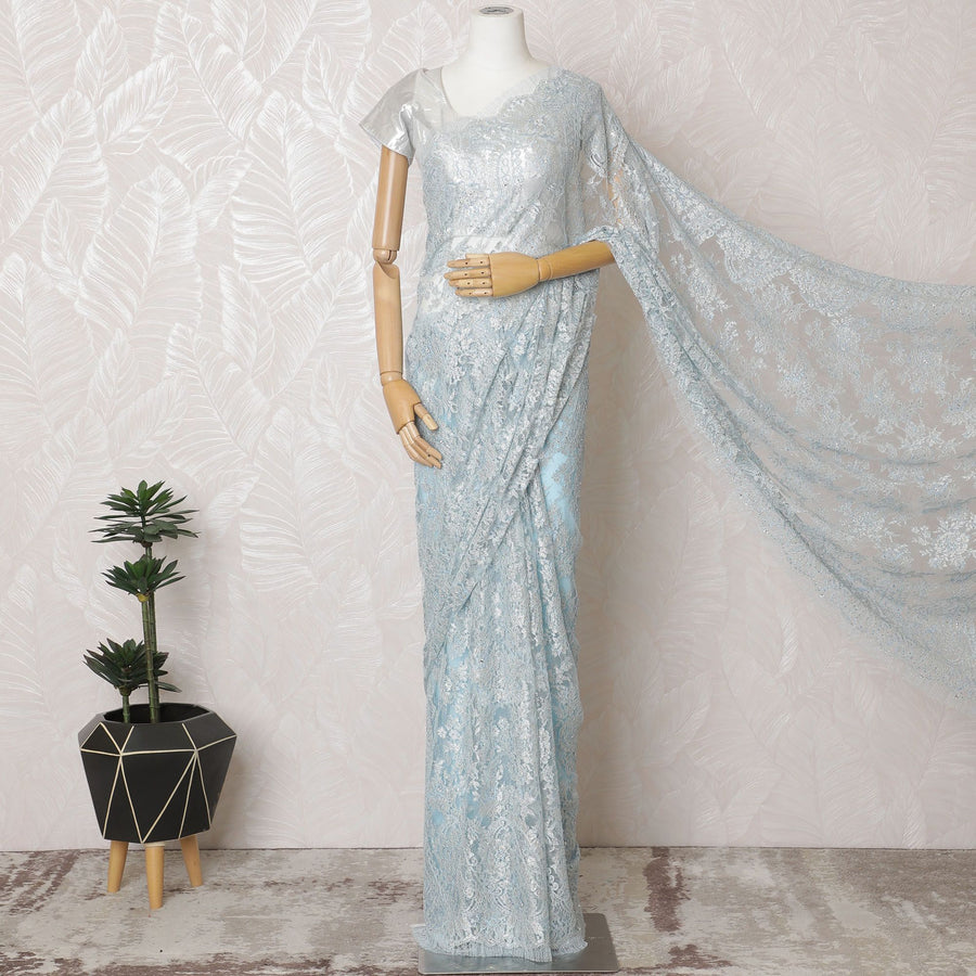 French Sky Blue Metallic Chantilly Lace Saree - Stone Work, 110cm Width, 5.5M Length-D18805 - Regal Fabrics