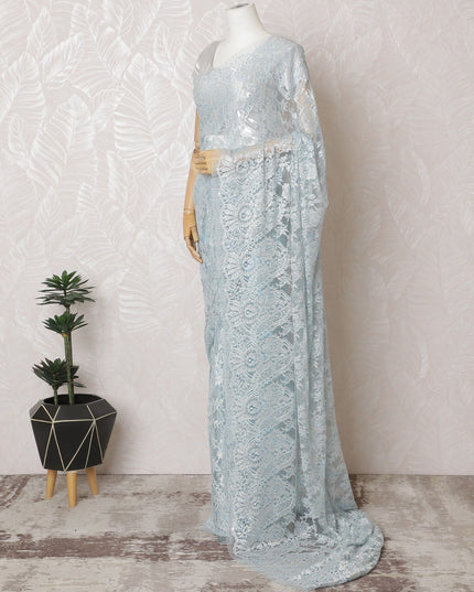 French Sky Blue Metallic Chantilly Lace Saree - Stone Work, 110cm Width, 5.5M Length-D18805 - Regal Fabrics