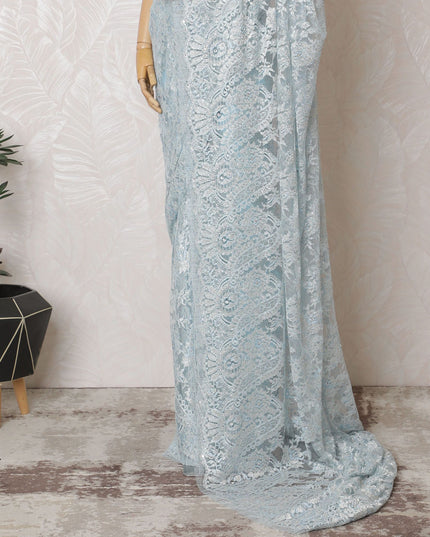 French Sky Blue Metallic Chantilly Lace Saree - Stone Work, 110cm Width, 5.5M Length-D18805 - Regal Fabrics