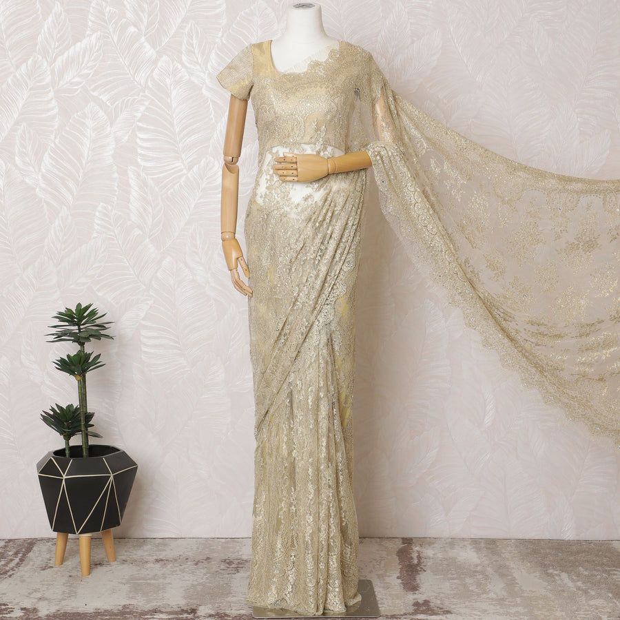 Golden French Metallic Chantilly Lace Saree - 110cm Width, Stone Work, 5.5M Piece-D18806